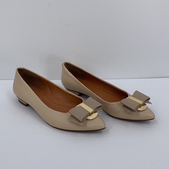 Luz Da Lua pointed toe ballet flat shoe tan cream leather patent bow 36 6 - Picture 2 of 6
